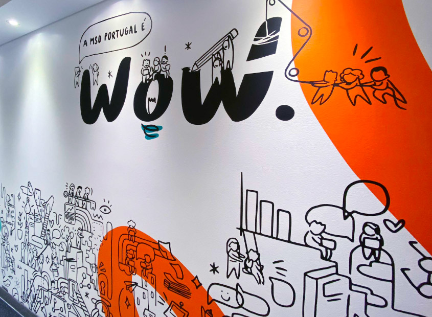 wall with illustrations of wow