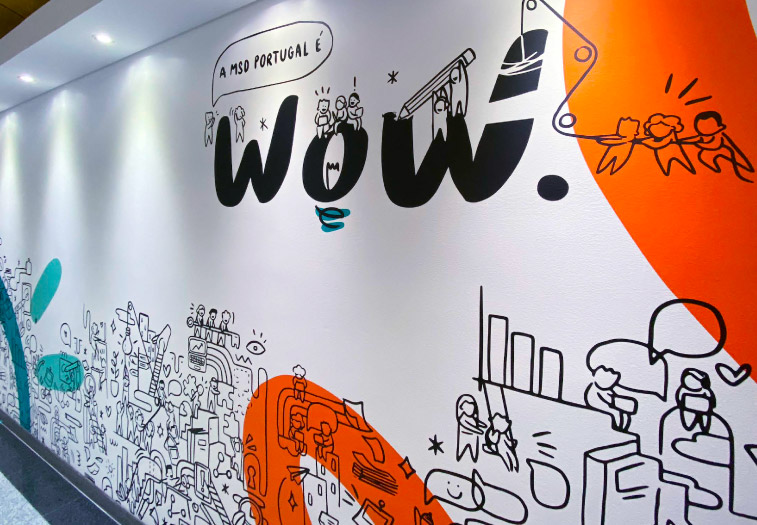 wall with illustrations of wow